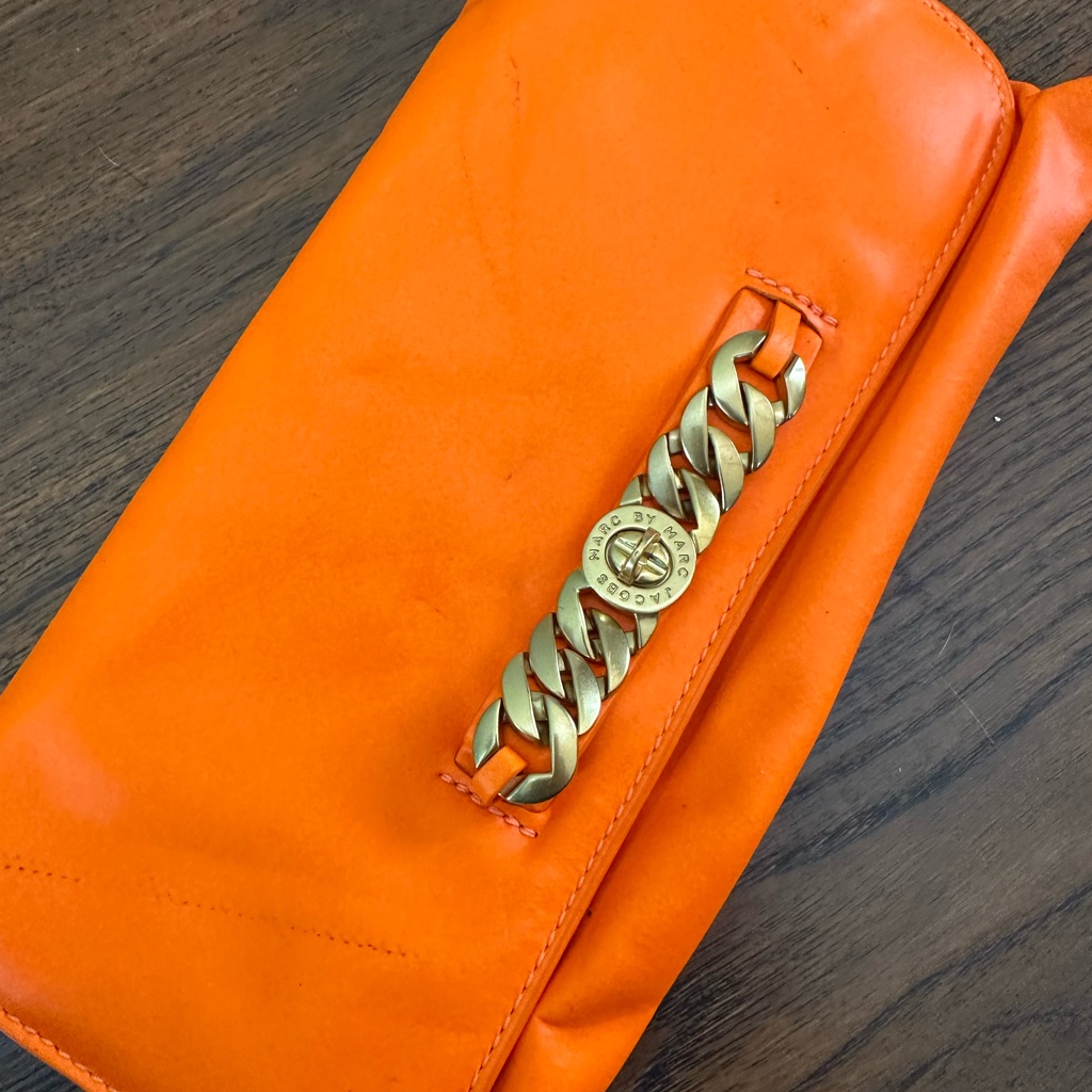 Marc By Marc Jacobs Vibrant Orange Leather Clutch With Gold Chain